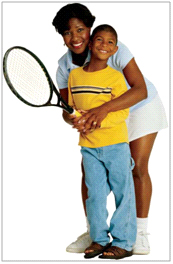 Mother and son holding a tennis racket.